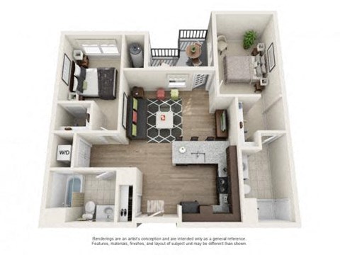 Floor plan for 2 beds, 2 baths, 942 sqft